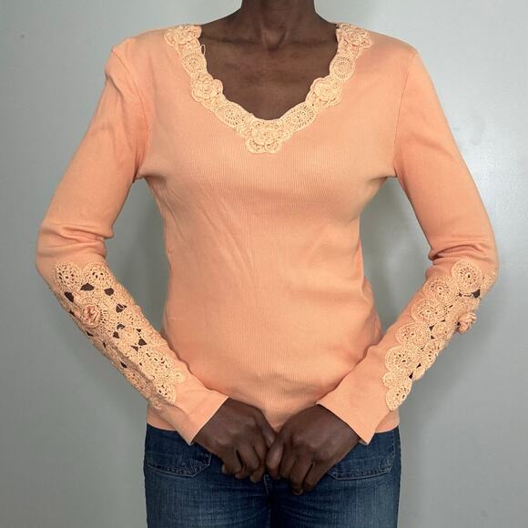 VINTAGE | Y2K Together Boho Crochet Detail Peach Cotton Long Sleeve Top - Picture 1 of 6